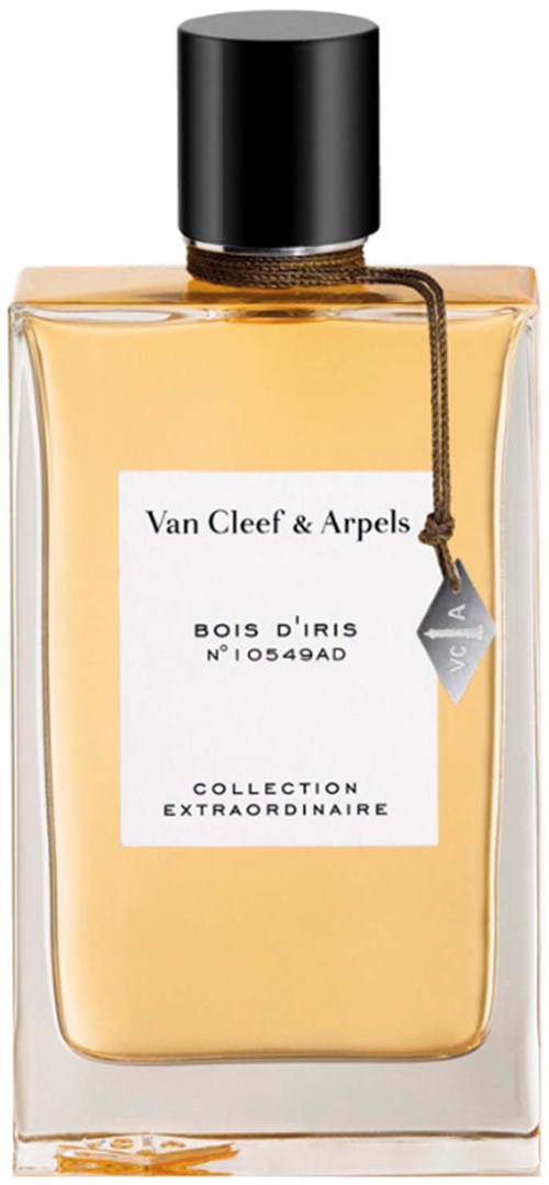 Eine Glasflasche mit schwarzem Deckel, enthält hellfarbigen Duft, gekennzeichnet Van Cleef & Arpels Bois d'Iris.