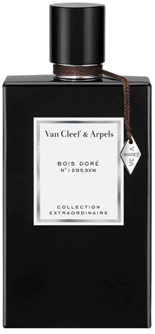 Eine schwarze Parfüfflasche mit weißem Label und schwarzem Deckel, gebunden mit einem kleinen Faden, zeigt die Marke Van Cleef & Arpels.