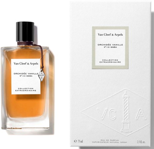 Vape-Flasche mit Van Cleef & Arpels Orchidée Vanille Parfüm, mit weißer Schachtel dahinter. Einfaches, elegantes Design.