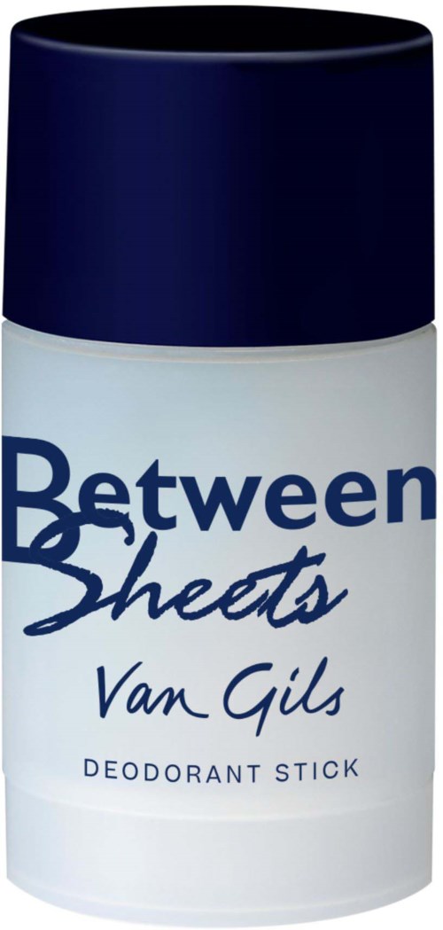 A white deodorant stick with a dark blue cap and label, named Between Sheets by Van Gils.