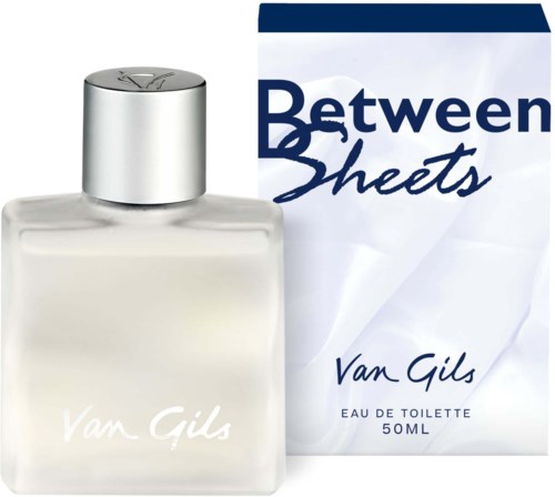 A perfume bottle and box labeled Van Gils Between Sheets, Eau de Toilette, 50ML.