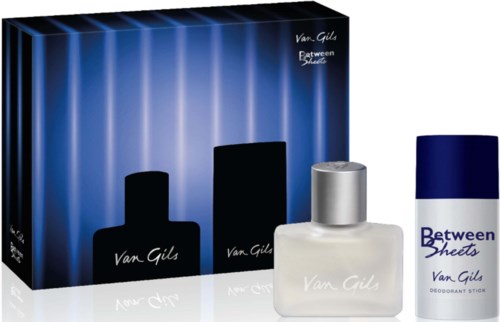 Set of Van Gils men's grooming products including deodorant, cologne, and aftershave in sleek black, silver, and navy bottles.