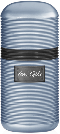 A silver capsule-shaped container with horizontal ridges and a label that says 'Van Gils.',
