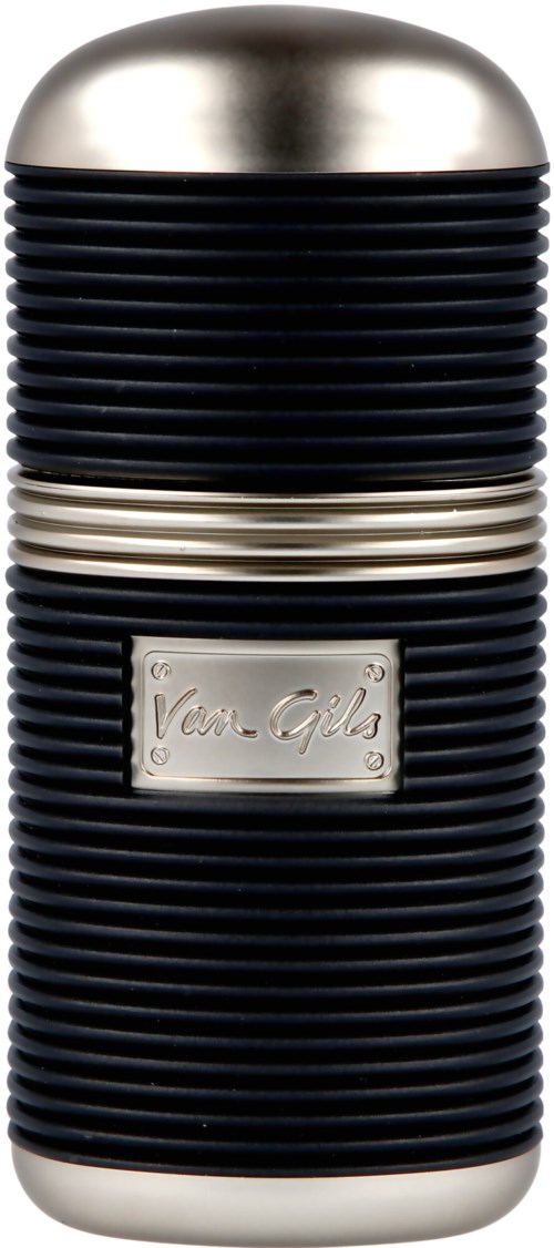 A black cylindrical perfume bottle with a silver top and a rectangular label reading 'Vera Gils' in the middle.