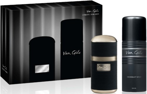 Van Gils men's fragrance gift set with a spray deodorant and a bottle in black packaging.