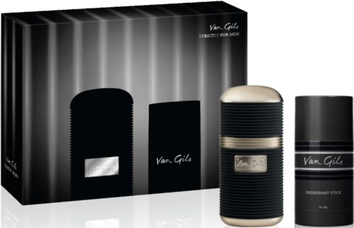 Men's fragrance gift set includes a black case, a spray bottle, and a deodorant stick, all with silver accents.