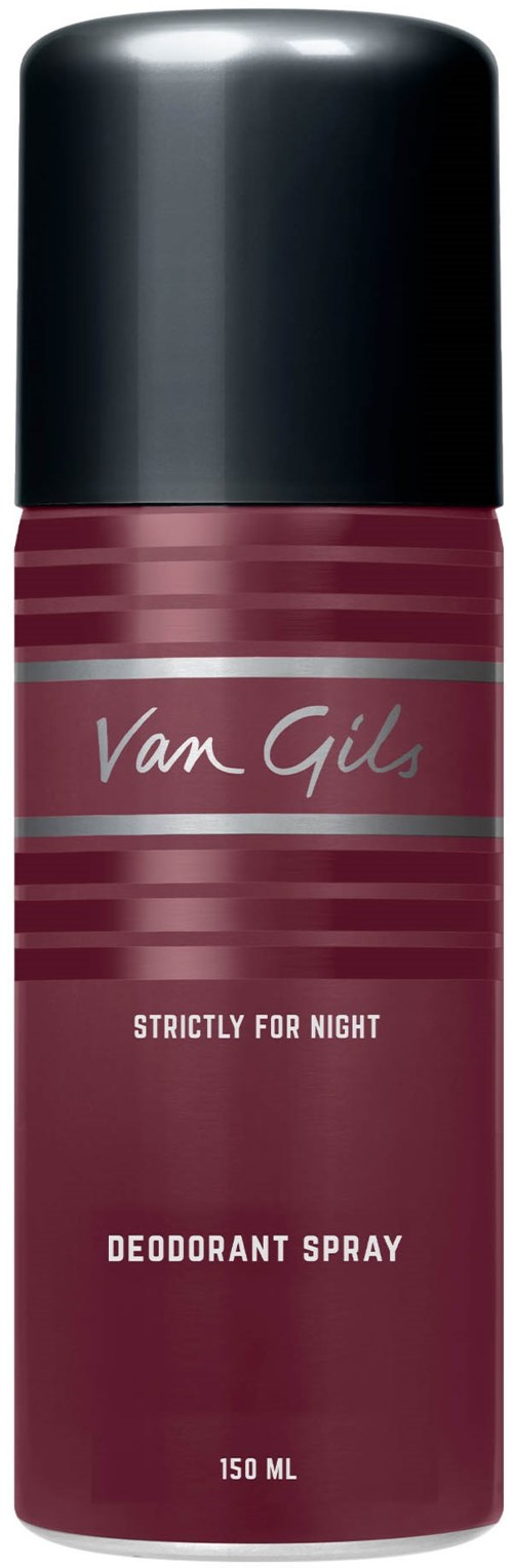 A purple deodorant spray can with a black cap, labeled 'Van Gils' and 'Strictly for Night'.