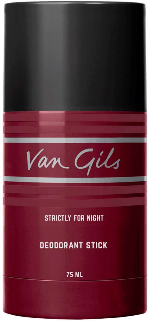 A red deodorant stick with 'Van Gils' written on it, designed for night use, 75 ml.