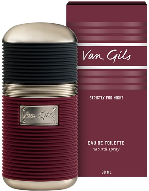 A small, stylish perfume bottle with a silver top, black and burgundy ribbed body, next to matching box.