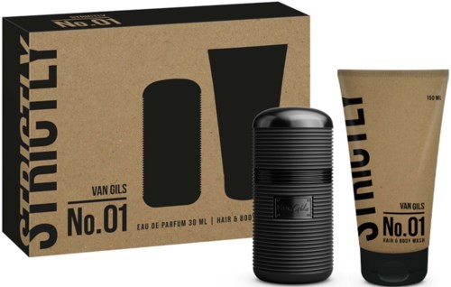 A men's grooming gift set includes a black spray bottle and a beige tube of hair and body cream, with bold text packaging.