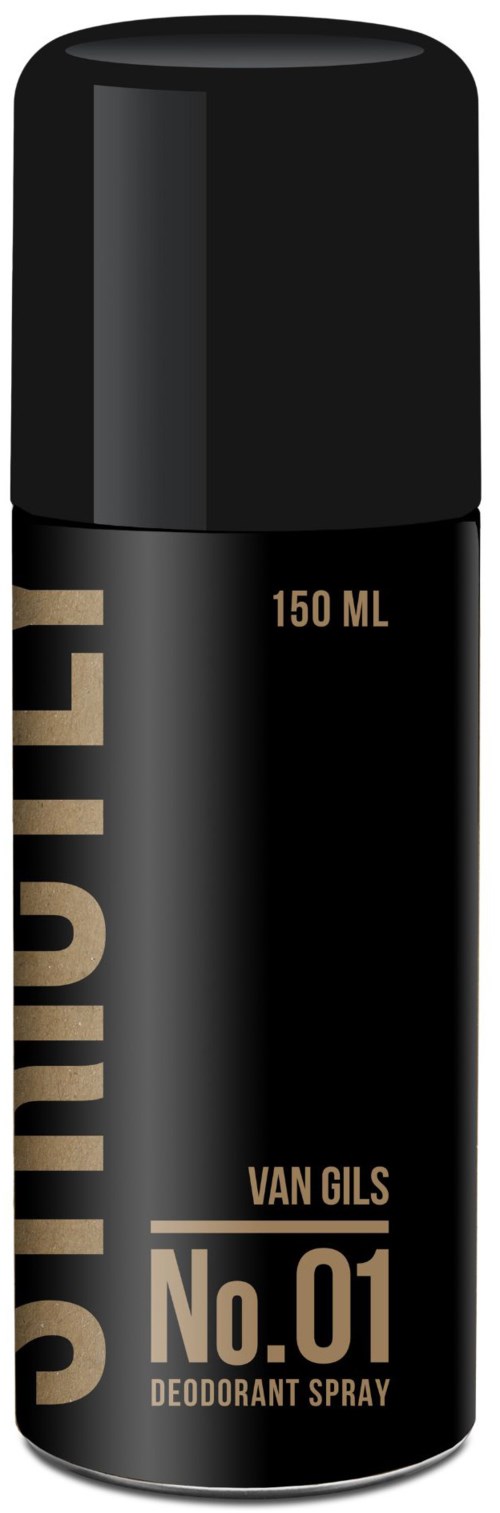 A black spray can with beige and white text, labeled "Deodorant Spray" and "No.01".