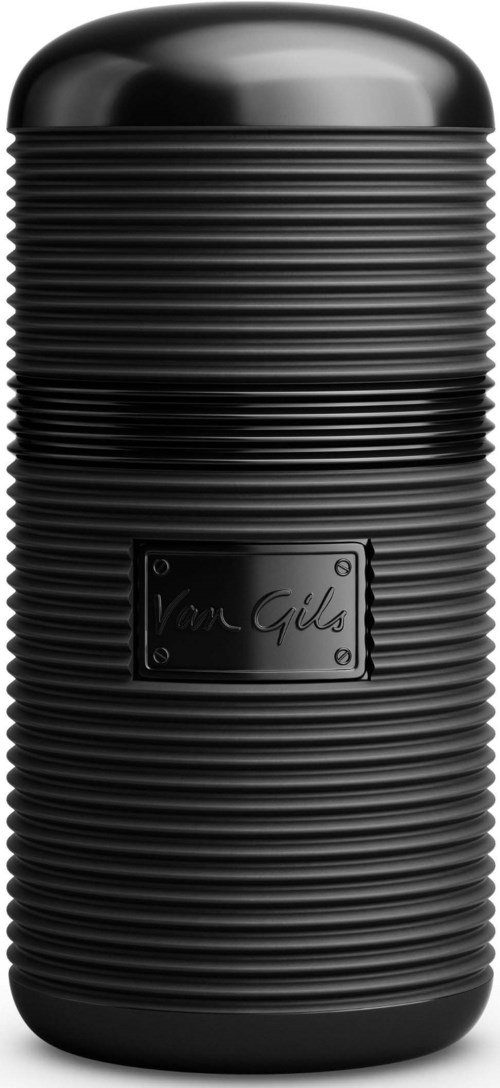 A tall, black, ribbed container with a rounded top and a label saying "New Girls".
