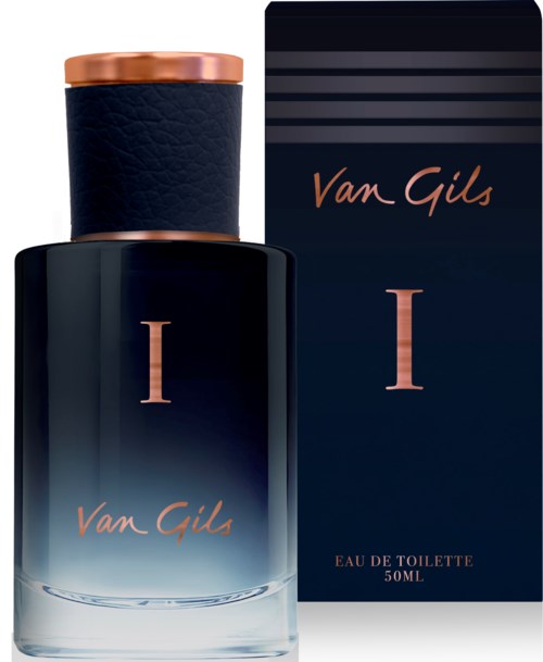 A bottle of Van Gils Eau de Toilette perfume next to its box, black and dark blue colors, elegant design, 50ml.