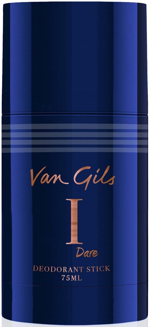 A blue deodorant stick with bronze text, labeled "Van Gils I Dare," 75ml.