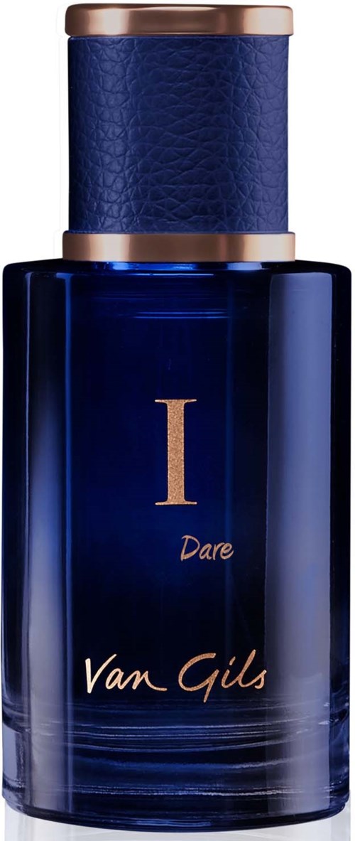 A dark blue perfume bottle with a textured blue cap and gold accents. The label says "I Dare" by Van Gils.