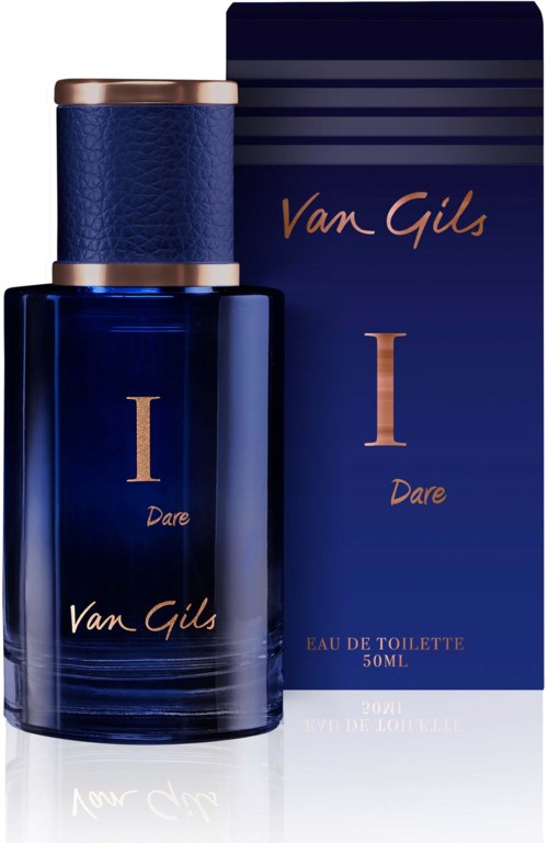 A blue perfume bottle with gold text and matching box, labeled 'Van Gils Dare,' 50ml size.