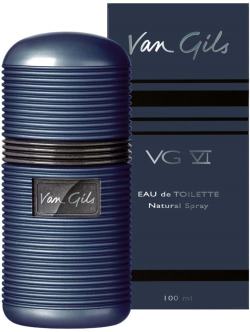 A blue textured bottle and a matching box for Van Gils VG VI Eau de Toilette, 100ml, natural spray.