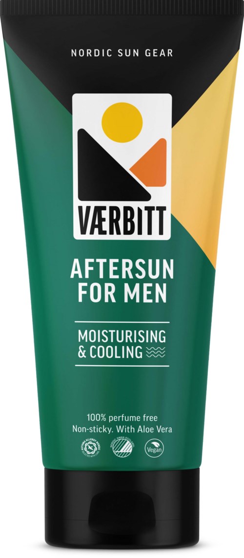 Grön och svart tub med en logga, text om återfuktning och kyla, för aftersun för män.