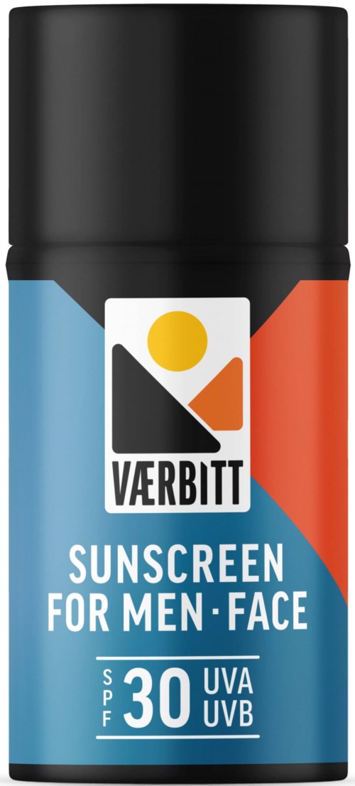 Black and blue spray can with a colorful logo, labeled for men's face sunscreen with SPF 30, protecting against UVA and UVB.