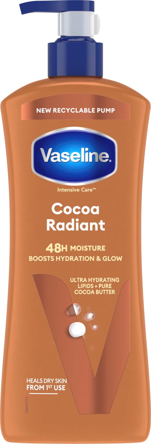 Vaseline Cocoa Radiant -voidema pumpullispraysi, joka lupaa 48 tunnin kosteuden ja ihon parantamisen kaakaovoin kanssa.