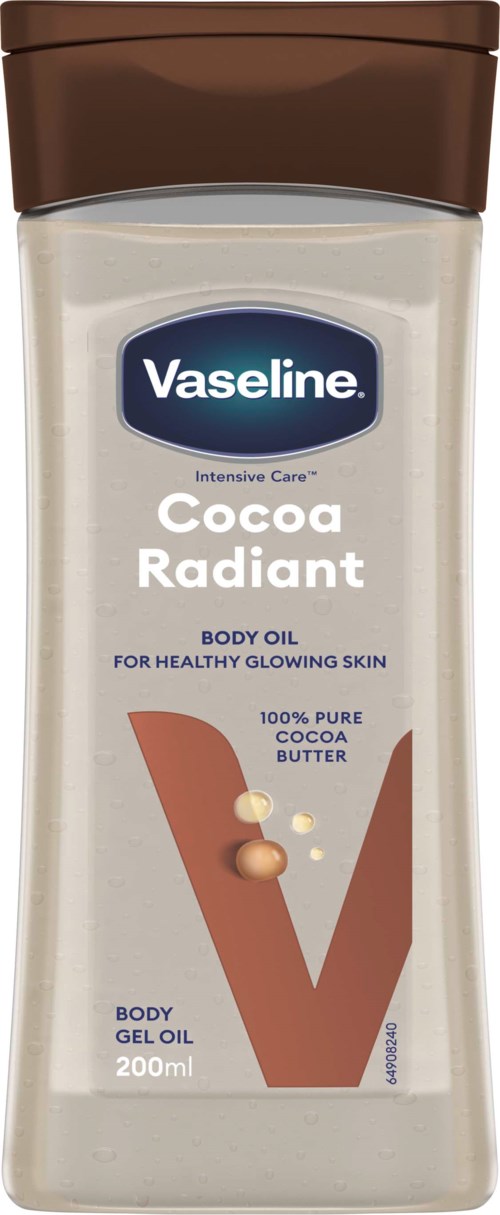 Vaseline Cocoa Radiant -neronhoitoöljypullo, jossa ruskea kansi ja suuret V- ja kaakaovoi-ikoni.