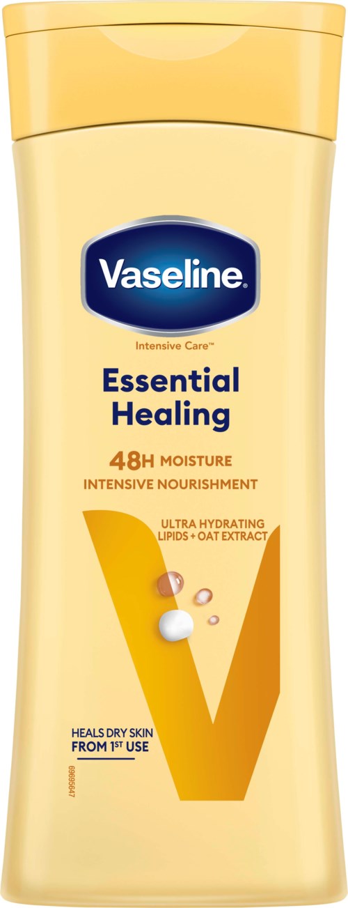 Vaseline Lotionflasche mit 'Essential Healing' für 48 Stunden Feuchtigkeit, in Gelb und Orange.