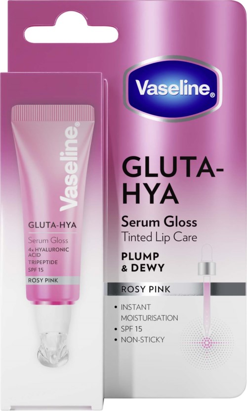 Vaseline Gluta-Hya huuliin tarkoitettu seerumi-gloss, ruusunpunainen, SPF 15, putkilossa ja pakkauksessa.