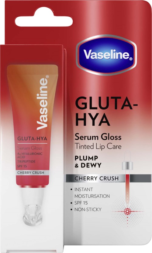 Vaseline Gluta-Hya värikosmetiikkainen huulimeikki kirsikkamakuulla, punaisessa ja valkoisessa pakkauksessa.