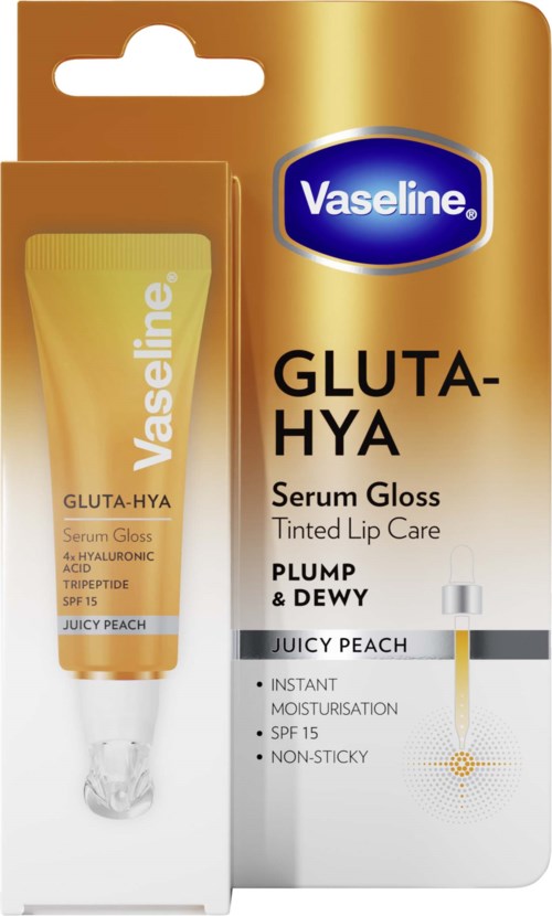 Vaseline Gluta-Hya huultenhohde, keltainen ja valkoinen pakkauksessa, sisältää tuotteen nimen ja hyödyt.