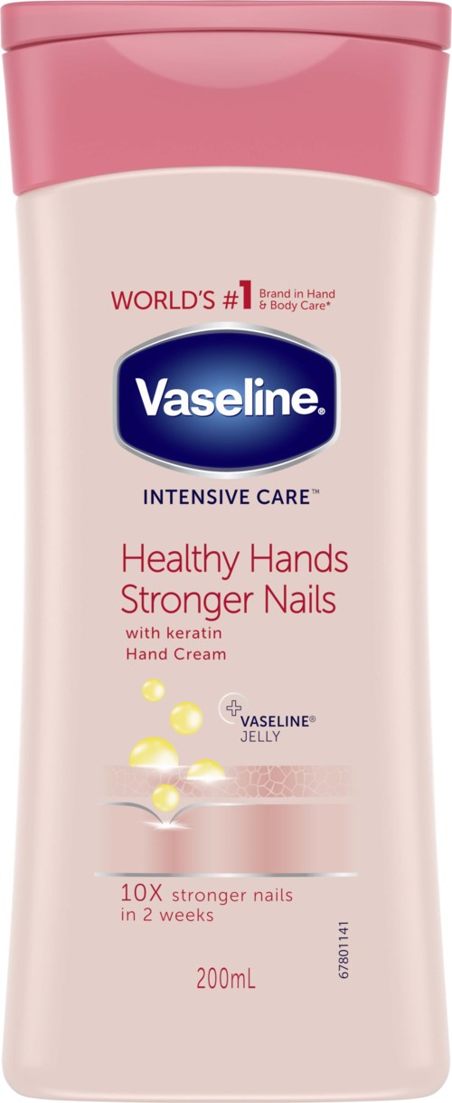 Vaseline-Handcremeflasche, rosa Deckel, fördert stärkere Nägel und gesunde Hände, mit Keratin. Enthält Vaseline-Gelee.