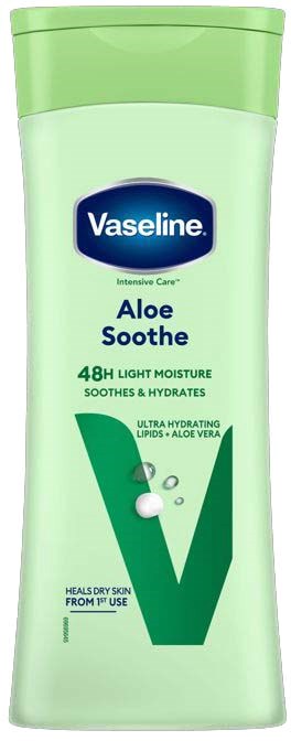 Vaseline Aloe Soothe Lotionflasche mit grünem Deckel und Etikett, fördert Feuchtigkeit und Hautberuhigung.