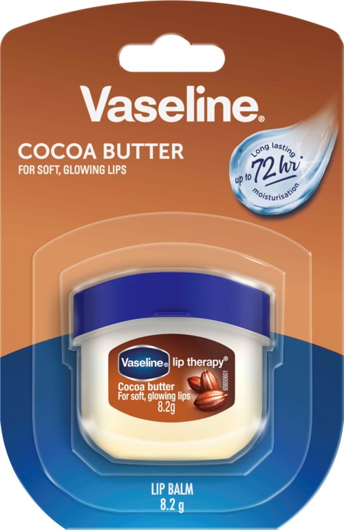 Vaseline Kookosvoide huulirasva pienessä purkissa sinisellä kantilla, osa Vaselineen huulilääkepalettia pehmeisiin, kiiltäviin huuliin.