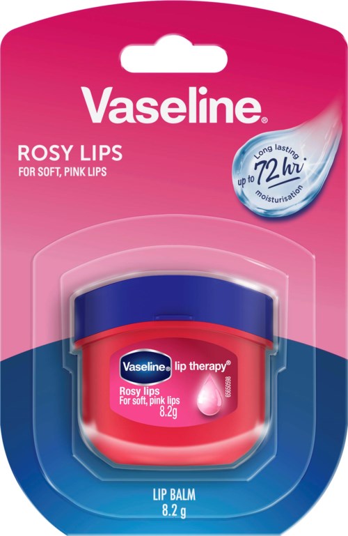 Vaseline huulirasva pienessä pinkissä ja sinisessä pakkauksessa pehmeille, vaaleanpunaisille huulille.