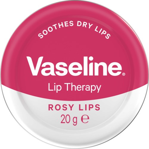 Vaseline-glob voor lipverzorging, roze en wit, met tekst over verzachten en roze lippen, 20 g.
