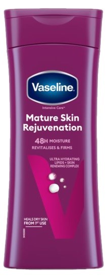 Vaseline-Bodylotion für reife Haut mit lila Verpackung und weißem Text, betont Feuchtigkeit und Hauterneuerung.