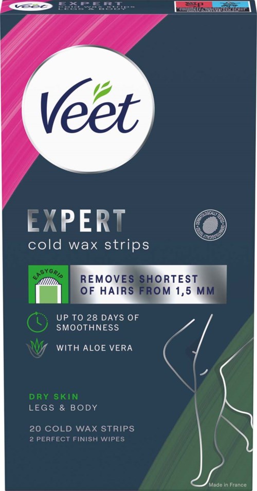 Verpackung mit Veet Expert Kaltwachsstreifen für trockene Haut, für Beine und Körper, entfernt kurze Haare, mit Aloe Vera, 20 Streifen.