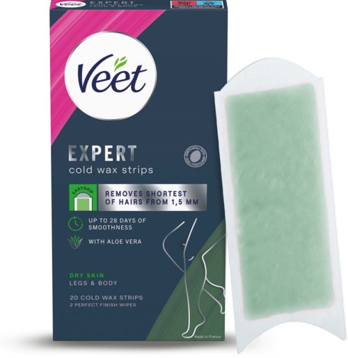 Schachtel Veet Kaltwachsstreifen zur Haarentfernung, geeignet für trockene Haut an Beinen und Körper, enthält 20 Streifen.