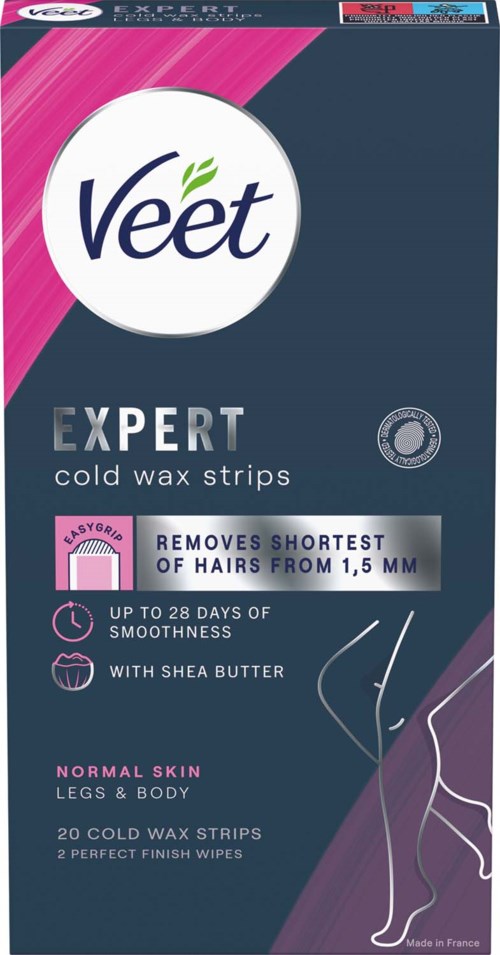 Veet Expert Kaltwachsstreifen entfernen kurze Haare von Beinen und Körper, mit Sheabutter für glatte Haut. 20 Streifen.