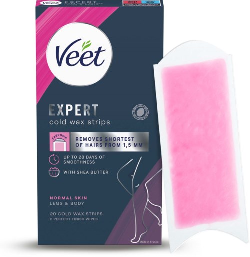 Verpackung von Veet Expert Kaltwachsstreifen für Haarentfernung an Beinen und Körper. Enthält 20 Streifen mit Sheabutter.