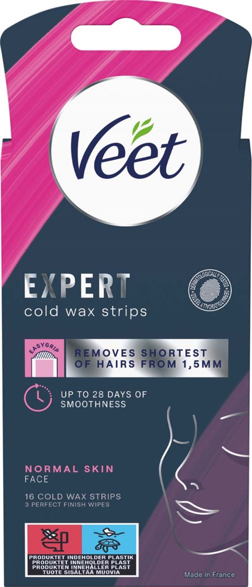 Das Bild zeigt eine Packung Veet Expert Kaltwachsstreifen für normale Haut mit 16 Streifen und 3 Feuchttüchern.