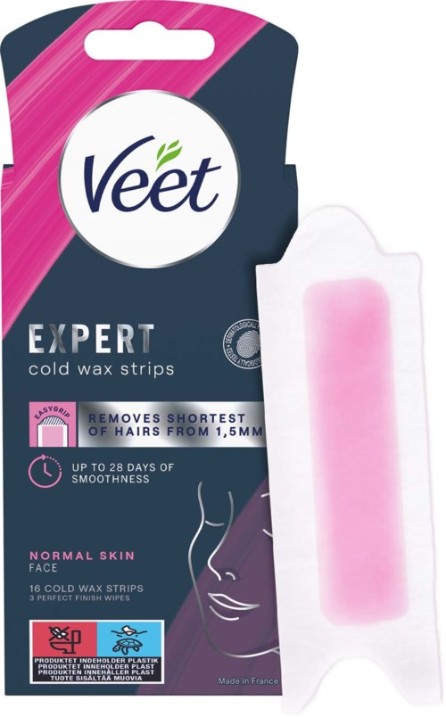 Pink-weiße Verpackung für Veet Kaltwachsstreifen, für Gesichtshaare bei normaler Haut.