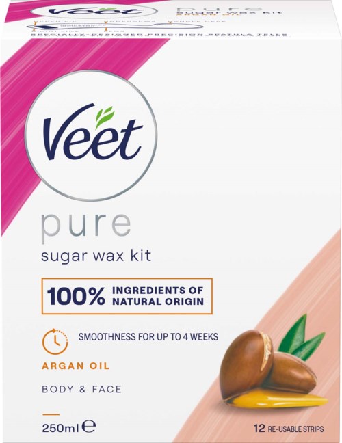 Veet Pure Zuckerwachs-Set mit Arganöl für Körper und Gesicht, 250 ml, 12 Wachsstreifen.