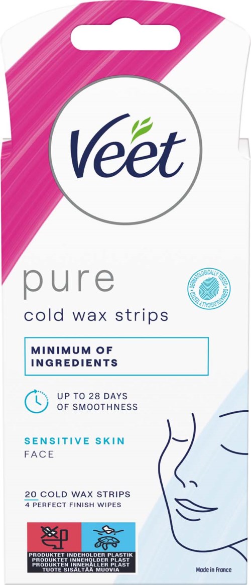 Die Verpackung zeigt Veet Pure Kaltwachs Streifen für empfindliche Haut, mit wenigen Inhaltsstoffen, bis zu 28 Tagen Glätte, und inklusive Tücher.