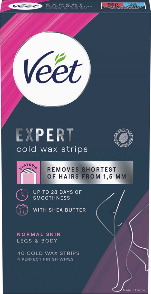 Veet expert cold wax strips for short hair removal on legs and body, includes wipes and shea butter, up to 28 days smooth.