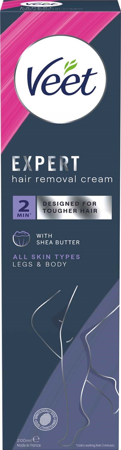 Veet Expert Haarentfernungscreme für alle Hauttypen, Beine und Körper mit Sheabutter, für hartnäckiges Haar, wirkt in 2 Minuten.