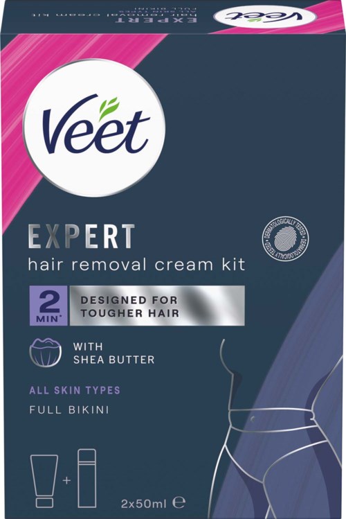 Veet Expert hair removal cream kit for tougher skin, contains shea butter, suitable for all skin types, full bikini area.