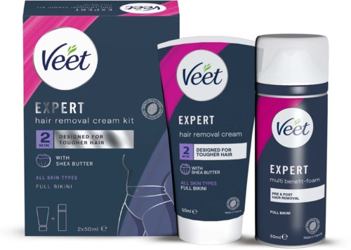 Veet Expert hair removal kit with cream, foam, and full bikini for tough hair, quick treatment, and sensitive skin.