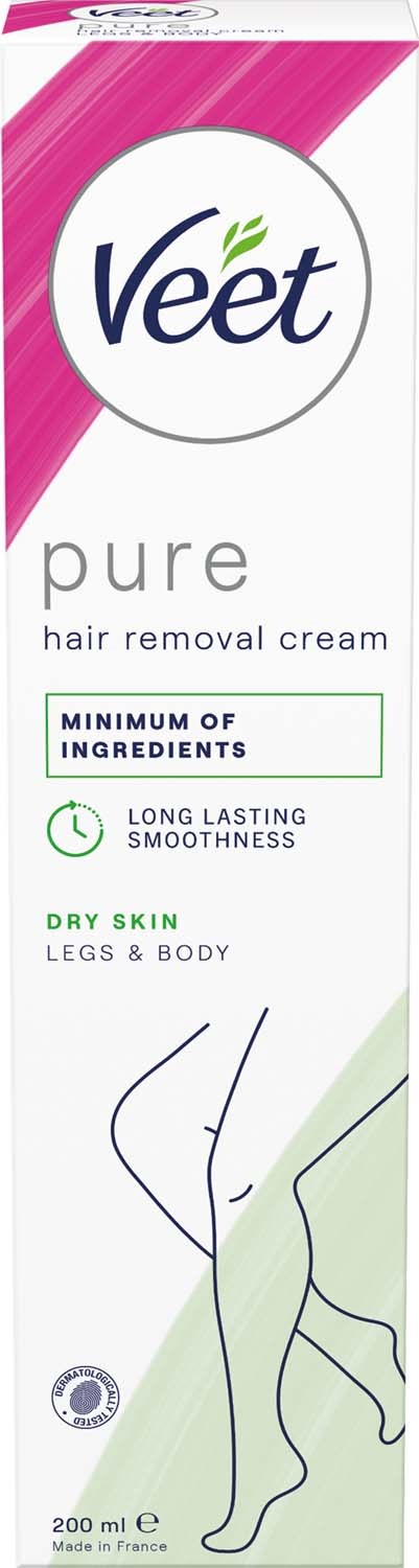 Veet pure Enthaarungscreme für trockene Haut an Beinen und Körper, verspricht lang anhaltende Glätte mit minimalen Inhaltsstoffen.