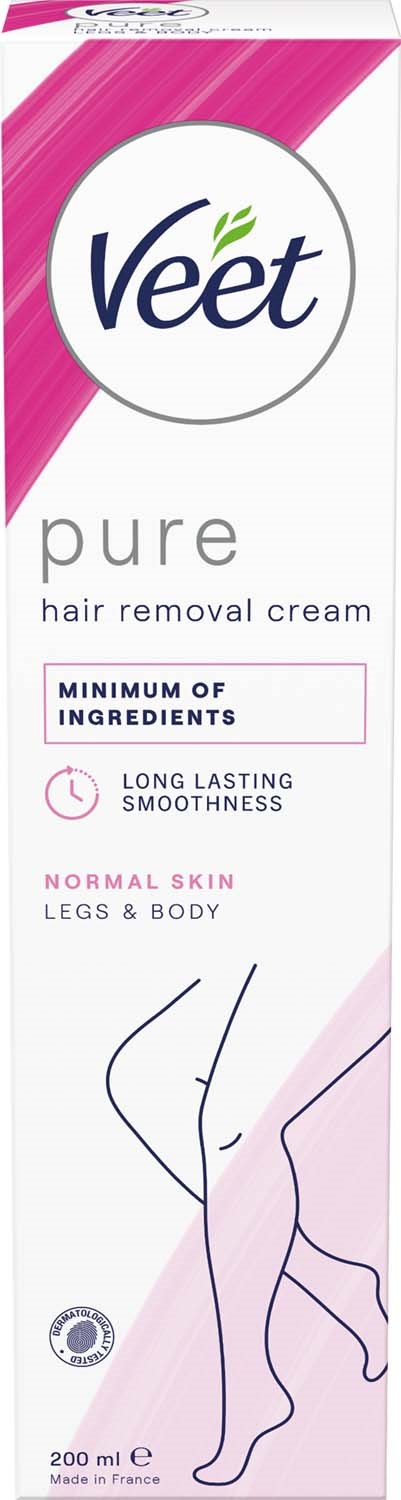 Veet Pure Haarentfernungscreme für normale Haut, Beine und Körper, bietet langanhaltende Glätte mit minimalen Inhaltsstoffen.