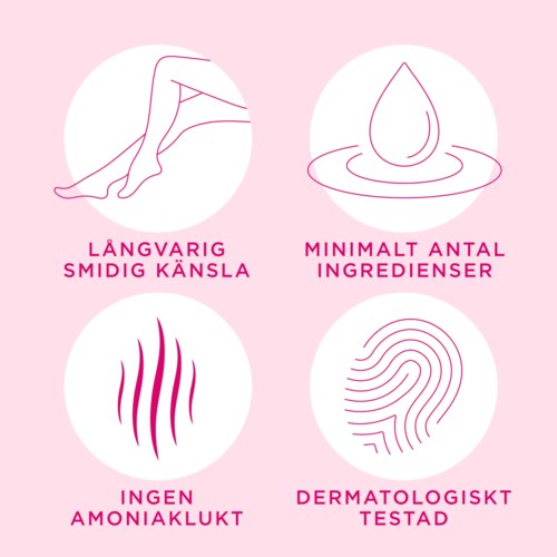 Vier Symbole mit Text zu Hautpflege: langanhaltend, wenige Inhaltsstoffe, keine Ammoniak, dermatologisch getestet.